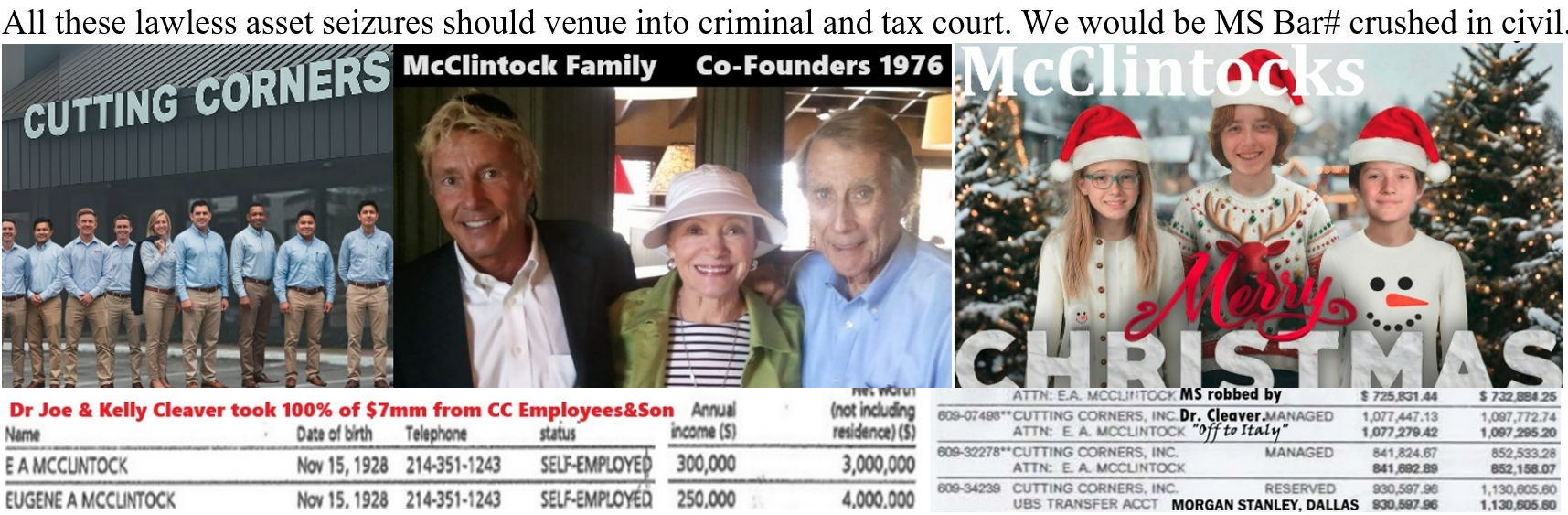 Cutting Corners Staff, McClintock Family, Christmas Kids, and Dr Joe & Kelly Cleaver accounts